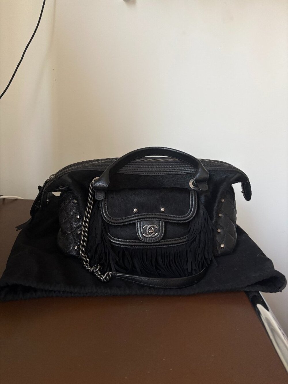 Chanel Paris-Dallas 2014 Black Pony Hair & Calfskin Fringe Bowling Bag